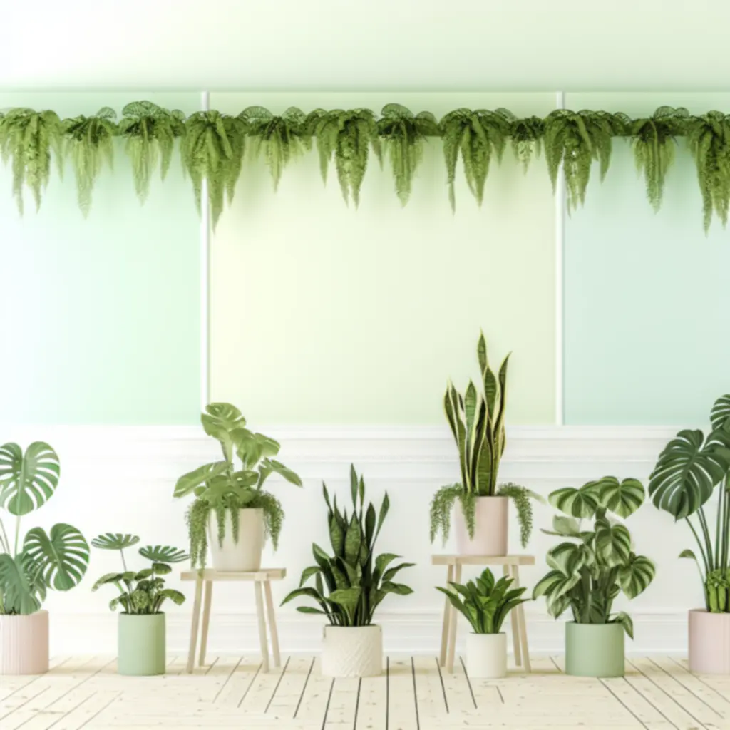 Lśniąca kompozycja zielonych roślin doniczkowych oświetlonych miękkim, naturalnym światłem.