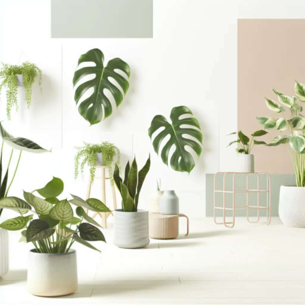 Elegancka kompozycja popularnych roślin doniczkowych, w tym monstery, fikusa i sansewierii, ustawionych w jasnym wnętrzu.