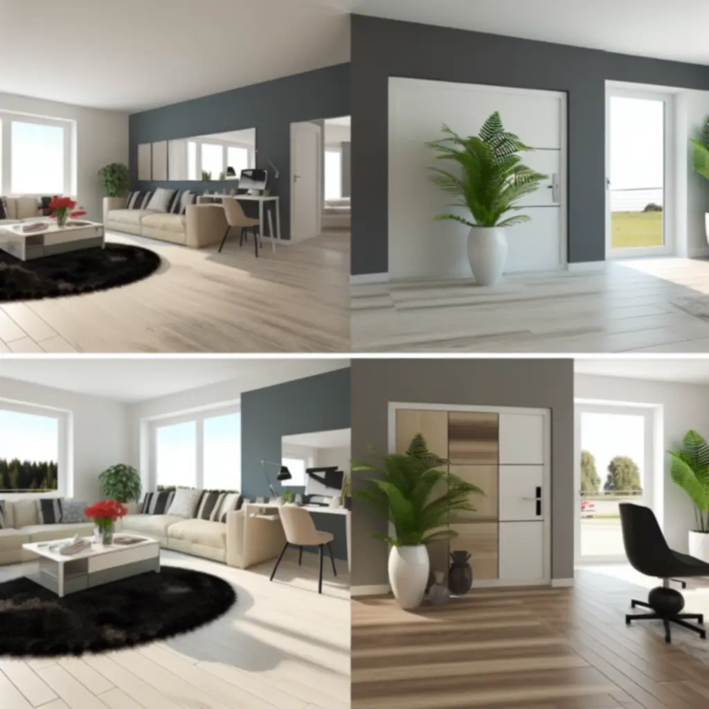 Różne wnętrza – salon i biuro – ozdobione roślinami doniczkowymi, tworzące spójną, elegancką aranżację.