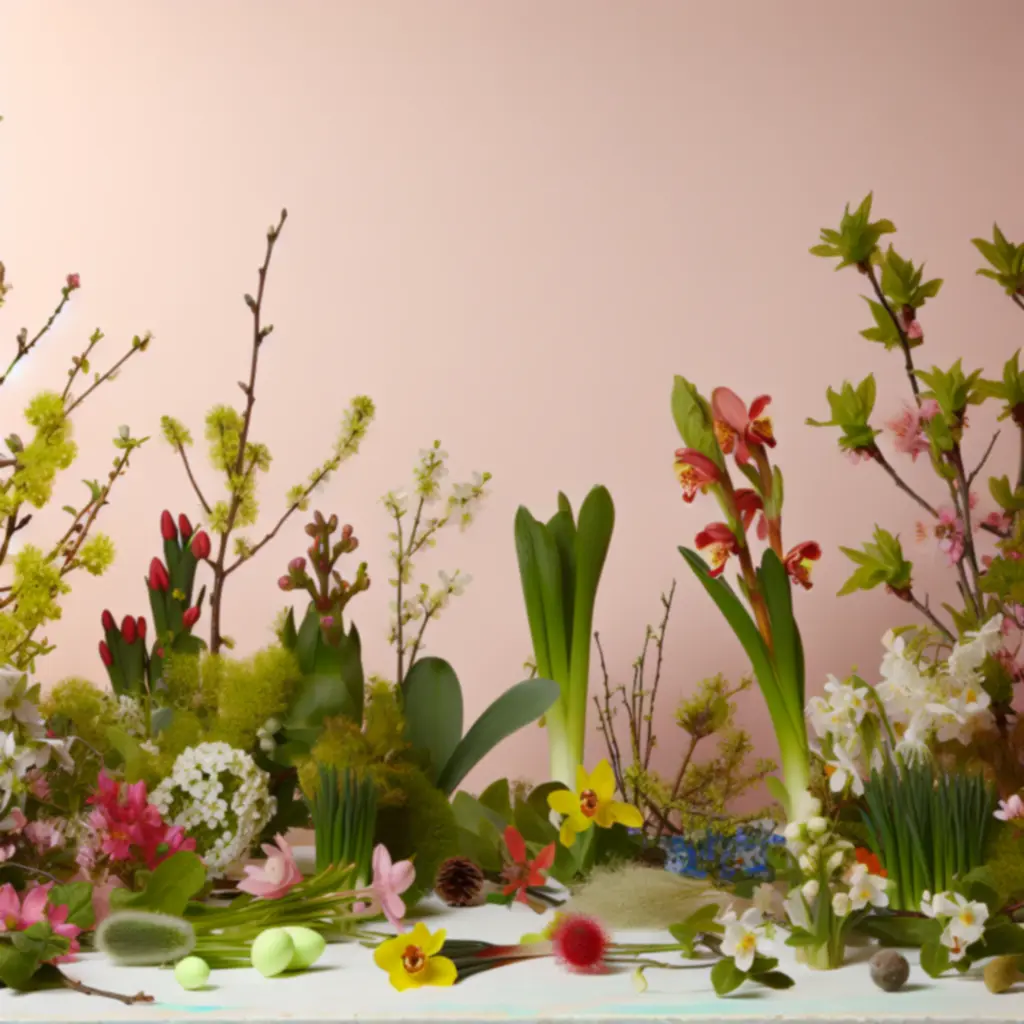 Grupa kwitnących i zielonych roślin doniczkowych w sezonowej aranżacji, tworząca radosny, świeży nastrój.